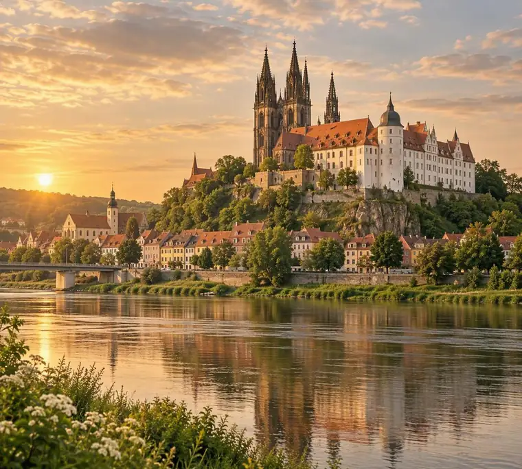 Albrechtsburg castle and cathedral in Meissen above the Elbe